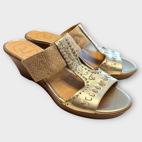 JACK ROGERS Nora Wedge Sandal in Neutral Tan & Metallic Gold Size 8.5 - Picture 1 of 9
